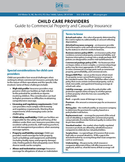 Thumbnail image of Commercial Insurance publication for Child Care Providers